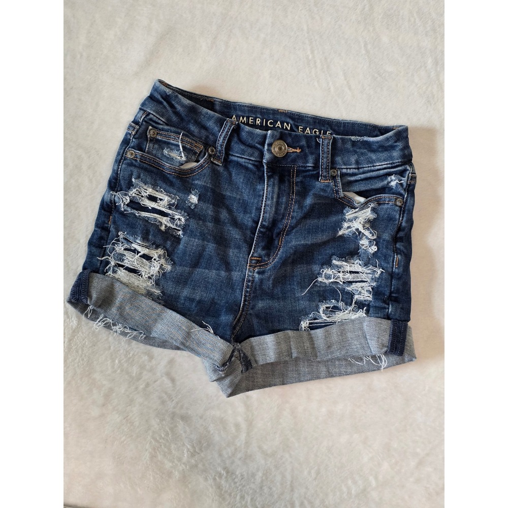 American Eagle Curvy Hi-Rise Shortie Distressed Denim Shorts Dark Wash Size 0